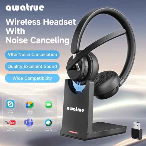 Imagen 1 del producto AWATRUE EH11 Auriculares inalámbricos con Bluetooth con micrófono con cancelación de ruido AI y base de carga Auriculares inalámbricos de 2,4 GHz con dongle USB
