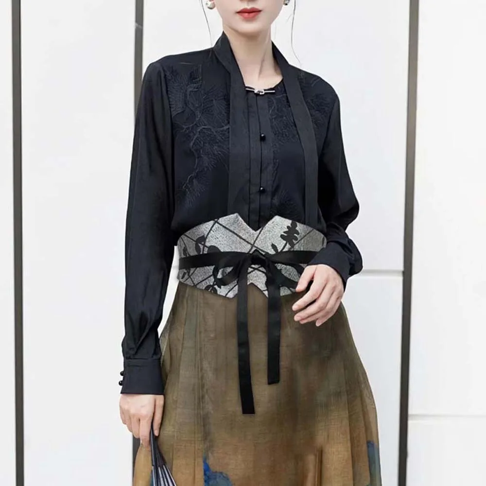 Sabuk Lebar Cina yang Dapat Disesuaikan, Sabuk Wanita Gaya Etnik Bermotif Cetak, Aksesoris Rok Anggrek, Ikat Pinggang Hanfu