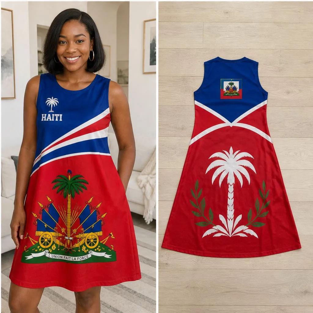 Womens Sleeveless Loose Dress Haiti Palm Crest Print Casual Swing Tank Sundress Summer Vacation Beach Ready Style Relaxed Wear