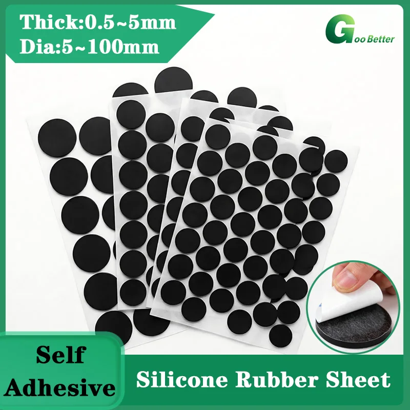 KAICO Dia 5mm-30mm Self-Adhesive Black Solid Silicone Gasket Seals - Round Non-Slip Pads, Single Sided Adhesive Flat Washer
