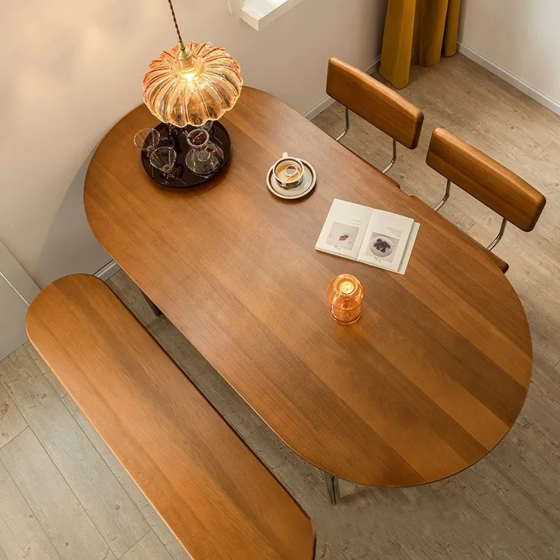 

Small apartment dining table B & B restaurant Household dining table Oval pure solid wood dining table and chair combination
