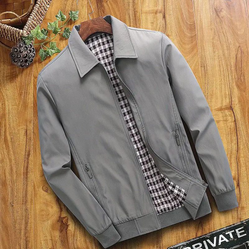 Spring Autumn Men's Jacket for Dad Loose Fit Collar  Middle-Aged Men Outerwear Zipper Casual Solid Color Thin Coat Q699