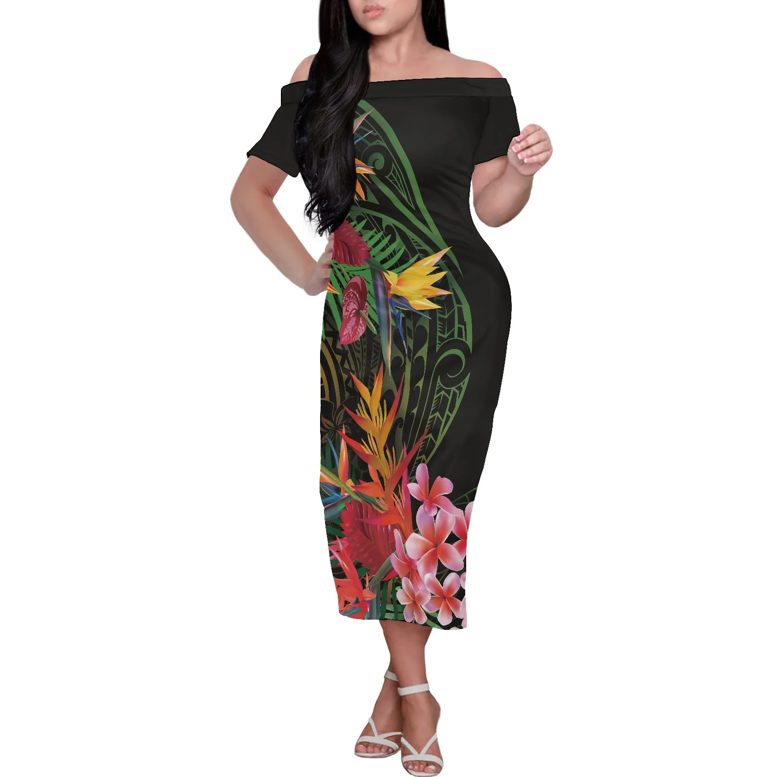 

Polynesian Women Off Shoulder Dress Frangipani Printing 2022 Elegant Women's Party Dress Sexy Fashion Short Sleeve Long Dress