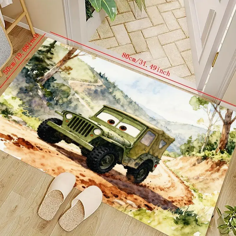 

1 шт., милый мультяшный зеленый внедорожный джип, автомобильный коврик с большими глазами, аниме-стиль, акварель, лес, гора, грязь, дорожное приключение, Floo