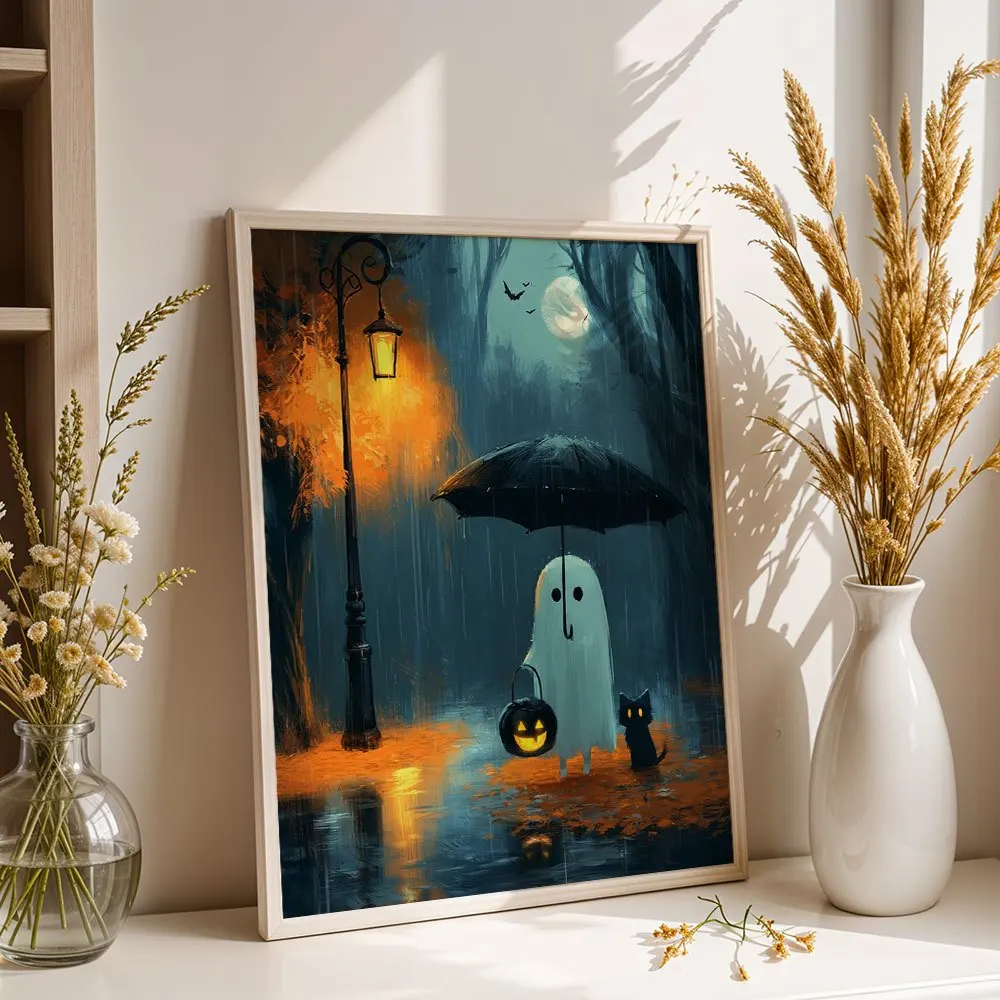 Vintage Ghost With Umbrella Canvas Print, Black Cat Pumpkin Lantern Forest Halloween Oil Painting