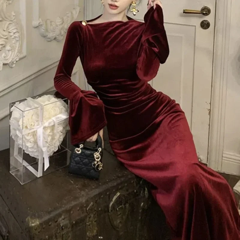 Women and Daughters Engagement Dress with Slim Fit and Hip Hugging French Wine Red Gold Velvet Long Sleeved Dress for Wealthy