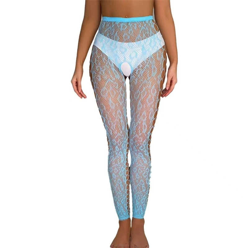 Womens See-Through Sexy Crotch Opening Net Pantyhose Side Hollow-Out Fishnet Tights Footless Leggings Stockings Clubwear