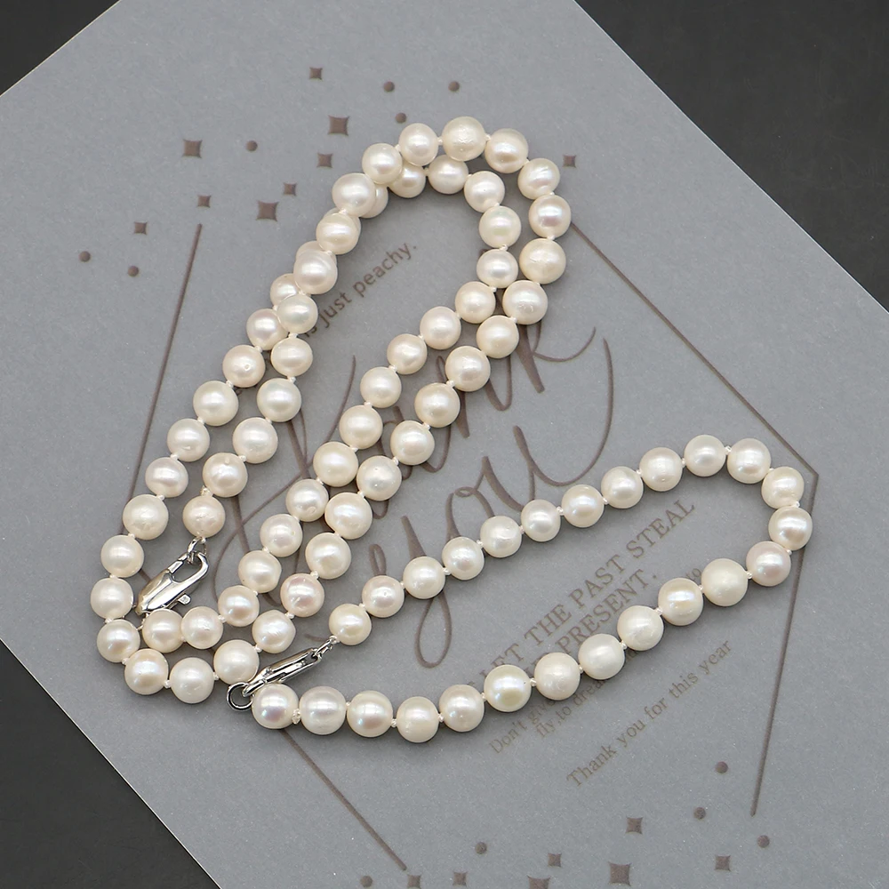 

7-8mm White Round Natural Freshwater Pearl Set With Silver Lobster Clasp Necklace And Bracelet Elegant Women's Jewelry Gift