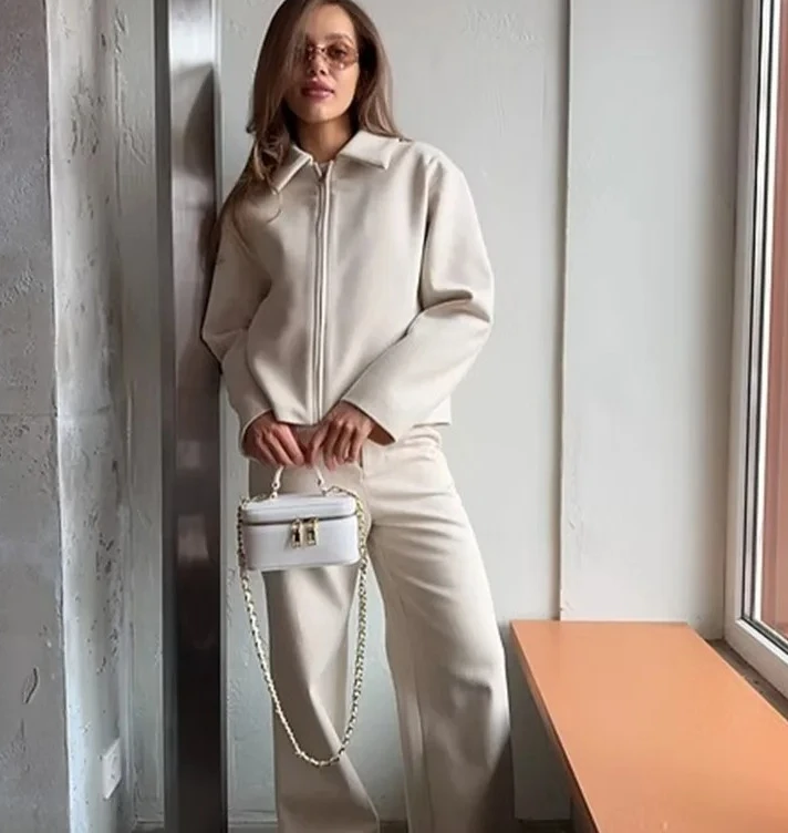 Outono inverno nova lapela manga longa zíper casaco de lã europeu americano moda solta casual