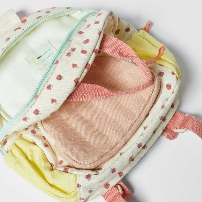 Tas punggung motif stroberi untuk bayi perempuan, tas sekolah imut Lucu, tas bahu dua warna kanvas kecil gaya baru untuk balita