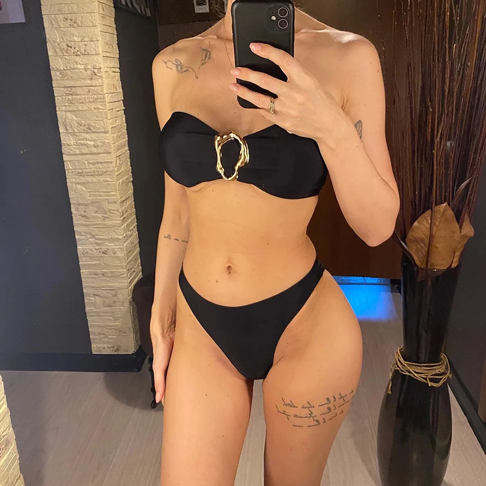 Women's Sexy Solid Color Bandeau Bikini Set With Metal Ring Push Up Triangle Thong Low Waist Two-Piece Swimwear Bathing Suit