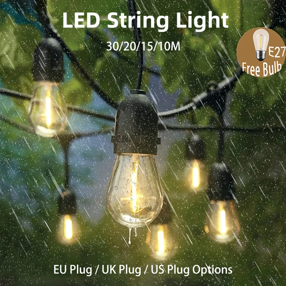 Outdoor String Lights E27 LED Bulb UK/US/EU Plug IP65 Waterp