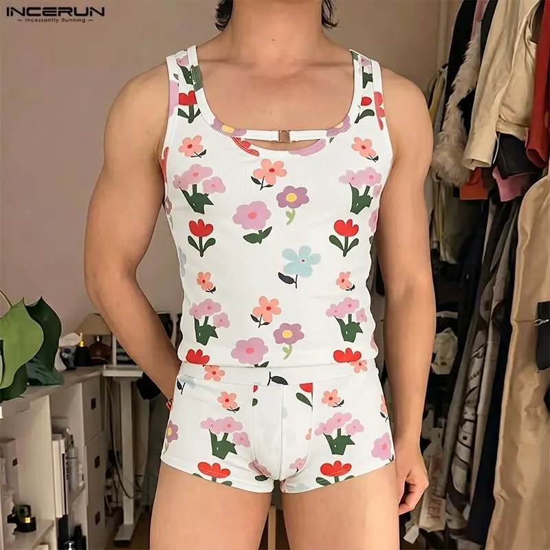 INCERUN Men's Sets Flower Printing Summer Homewear Sleeveless Tank Tops Shorts Two Piece Sets 2026 Casual Unisex Matching Sets