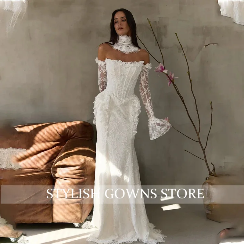 Vintage Off Shoulder Full Lace Wedding Gown Puff Bell Long Sleeves Corset A Line Ballgown Bridal Dress With Train