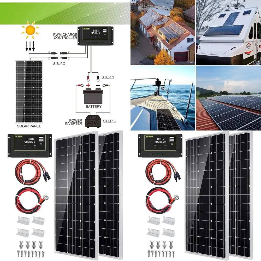 200W Solar Panel Kit for Grid-Tied Systems, Homes, RVs, and Boats with 30A Charge Controller and Mounting Accessories