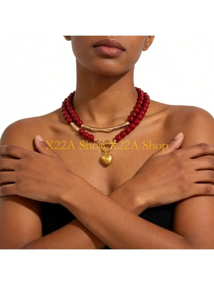 Unique Pack of 2 Red Beads Chain Necklace with Heart Pendant Holiday Statement Jewelry