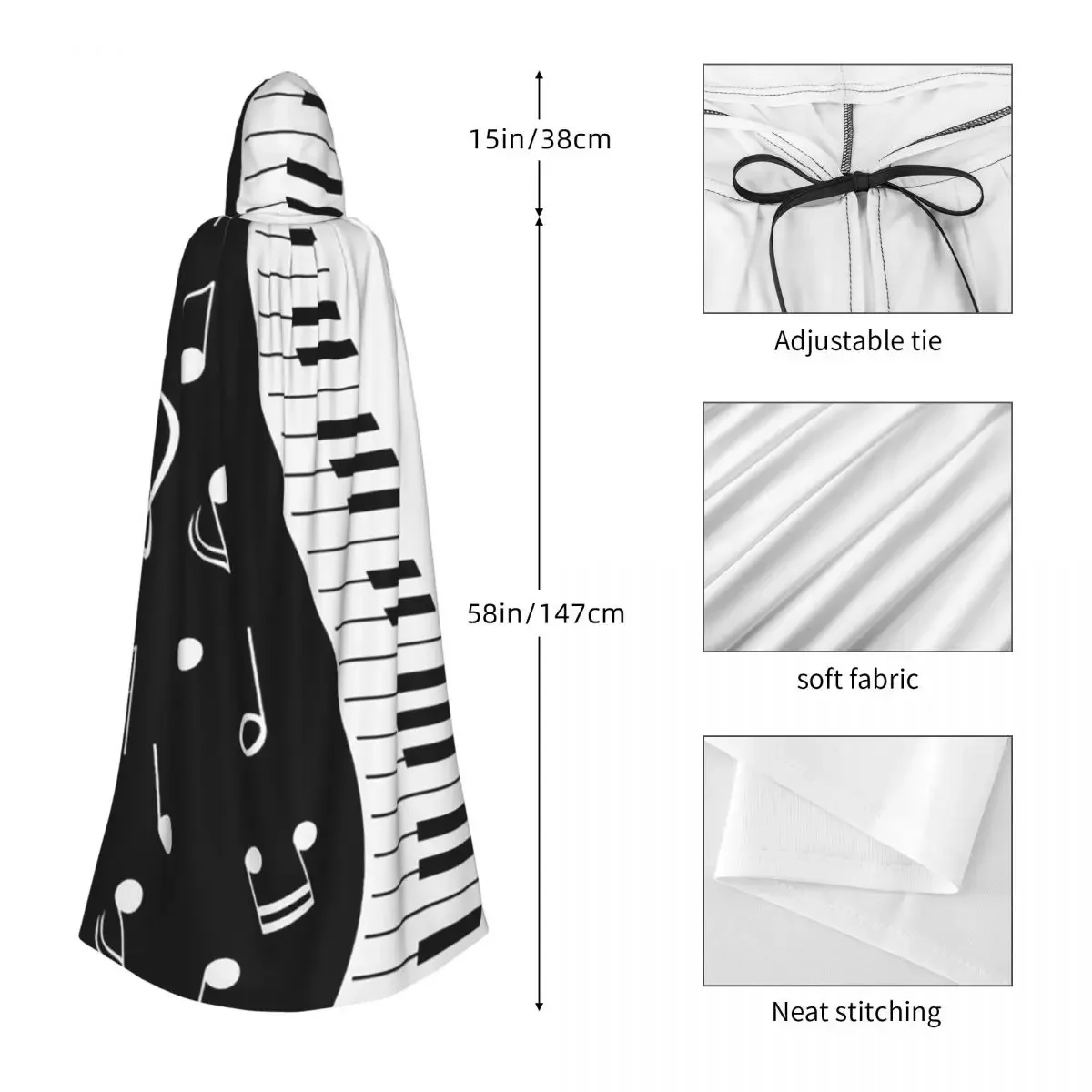 Custom Abstract Piano Keys With Musical Notes Long Hooded Cloak Witch Medieval Costume Cosplay Cape HalloweenVampire Adult Unise