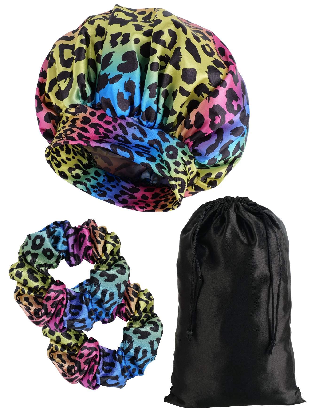 Ladies Colorful Leopard Print Sleep Cap with Mini Hair Ties And Storage Bag - Luxury Fashion Sleep Beauty Makeup Essential for D