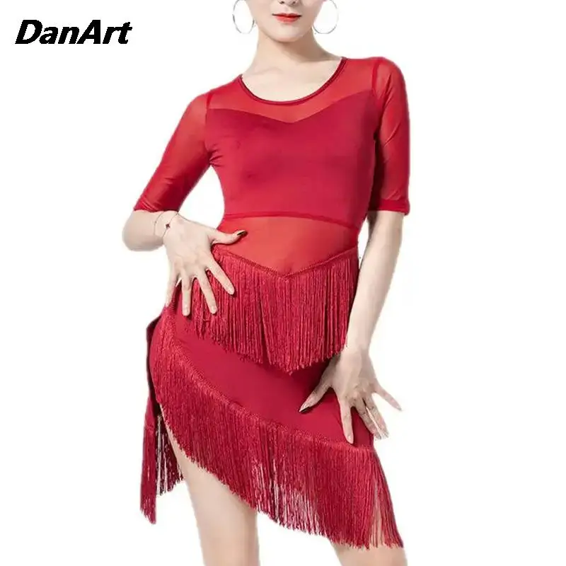 

Women Sexy Tassel Latin Dance Dress Ballroom Salsa Rumba Bodycon Dance Costume Competition Performance Professional Dance Dress