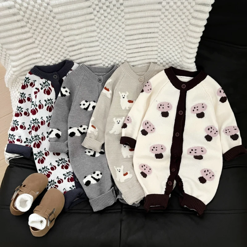2025 Baby Autumn/Winter Cute Knitted Thick Single Row Button Warm Cartoon Pattern Climbing Clothes