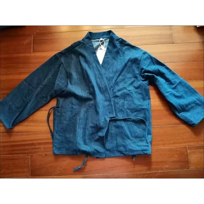 Men's Japanese Kimono Cardigan Denim Haori Jacket Spring Autumn Casual Loose Coat with pocket Women