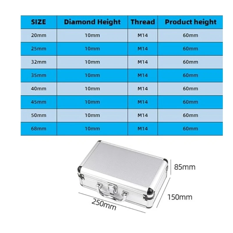 9 pçs m14 conjunto de broca de núcleo de diamante para pedra/granito/vidro/mármore/moedor de ângulo/conjunto de brocas 20-68mm conjunto de ferramentas de brocas