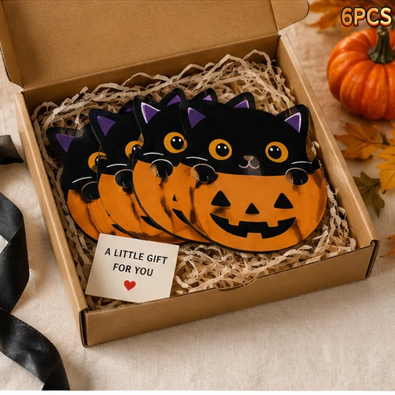 Cat Pumpkin 2D Wooden Coasters Halloween Heat Insulating Kitchen Dining Table Mats Holiday Party Housewarming Gifts Home Decor