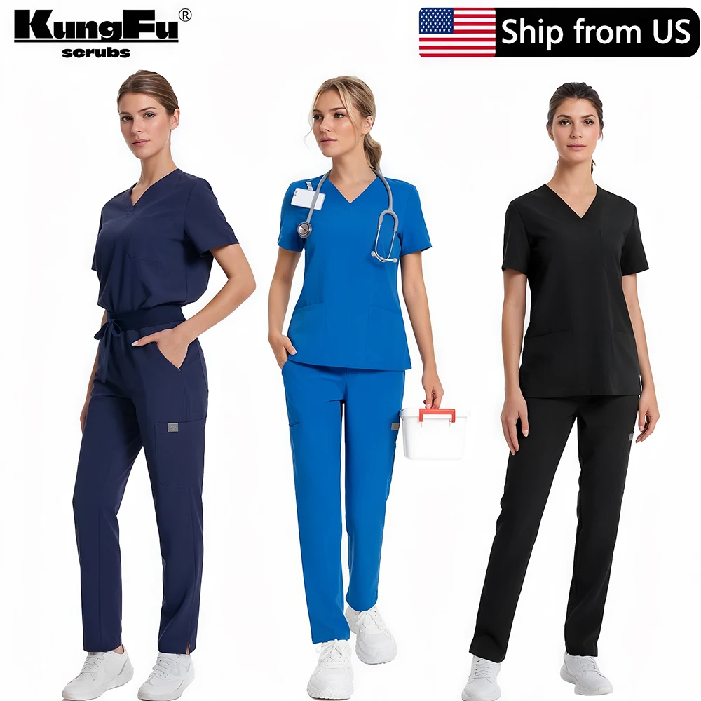 

Women Nurse Scrubs Set Soft Stretch Medical Uniform Antibacterial Waterproof Breathable Top Pants Healthcare Workwear