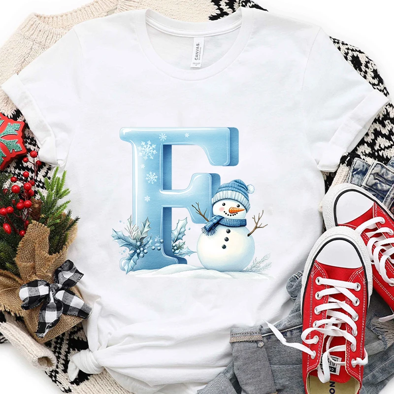 Xmas A-Z Alphabet Women’s T-shirt, Santa Holiday Print Snowman Graphic Tee Shirt, Casual Christmas Party Fashion Female Clothing