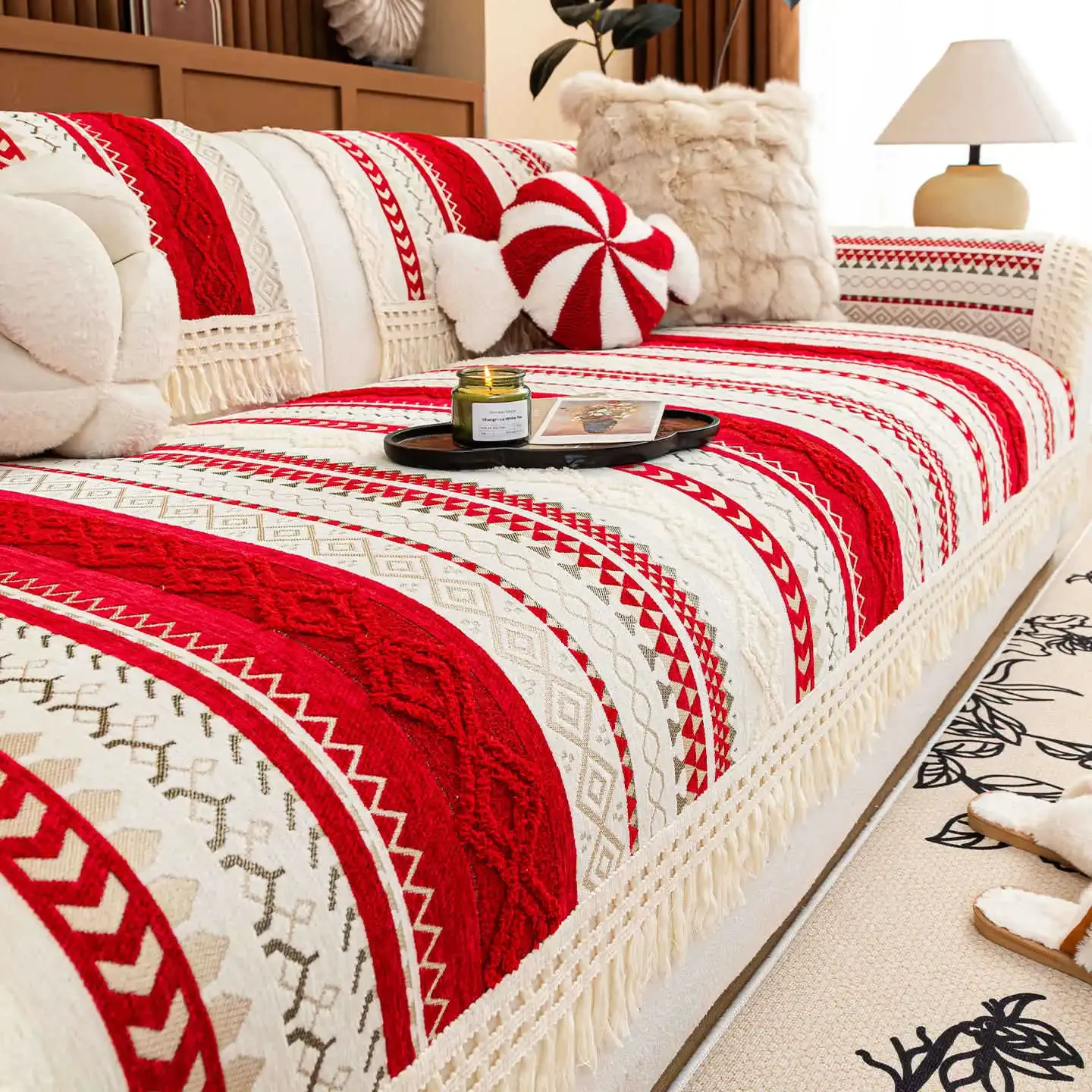 Christmas Festival Red Sofa Cushion Winter Chenille Fringe Sofa Cover Cloth Towel One Piece Anti-Slip Universal Sofa Covers