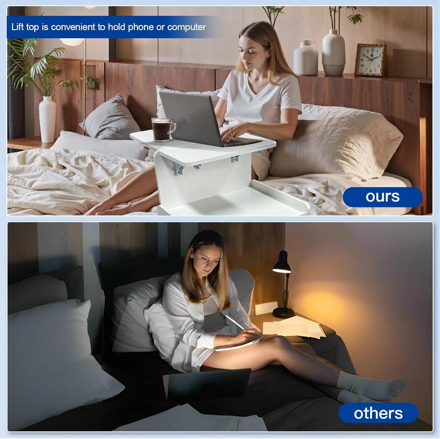 حامل ليلي قابل للتعديل مع طاولة لاب توب قابلة للطي ، حامل بجانب السرير مع عجلات مخفية ، مصابيح ليد ، منفذ شريط طاقة ، منفذ