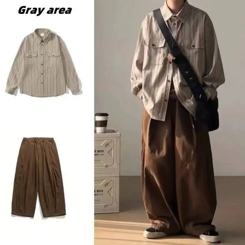 Autumn Japanese Style Set Retro Vertical Stripe Long Sleeve Shirt  Unisex College Style Loose Casual Layering Blouse