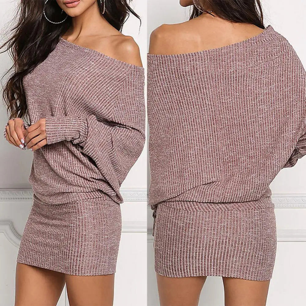 Mini abito lavorato a maglia a maniche lunghe a pipistrello in tinta unita con spalle scoperte da donna Sexy