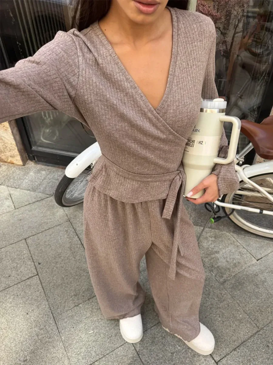 Bornladies-Conjunto de pantalones de punto con cuello de pico para mujer, traje de dos piezas de manga larga con lazo en la cintura, ajustado, primavera 2026