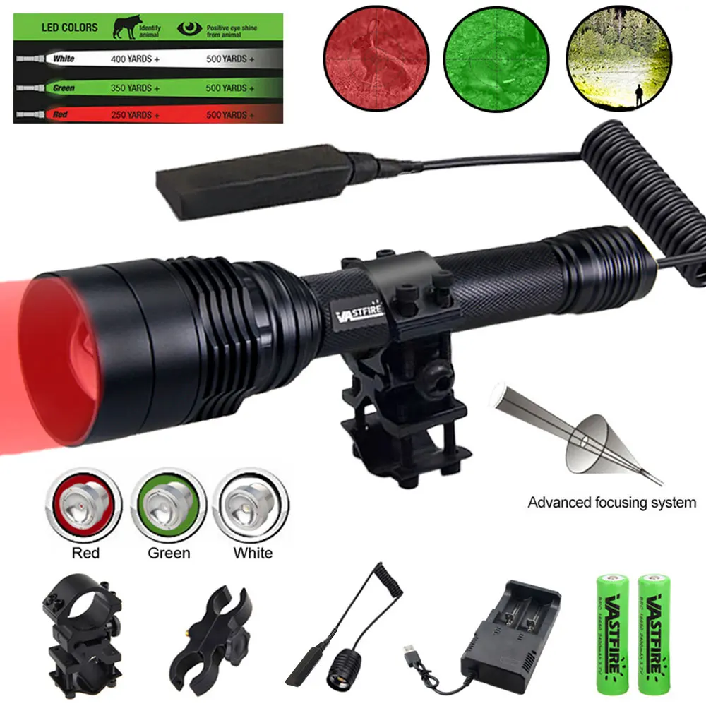 Tactical 3 in 1 Red Green White Light LED Hunting Flashlight  Zoomable Adjustable Lamp with Scope Mount