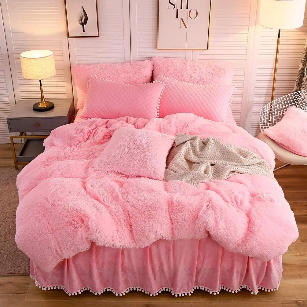 

Luxury Plush Shaggy Duvet Cover Set with Velvet & Pom-poms, Soft Furry Bedding, Zipper Closure (Twin/Twin XL, Pink)