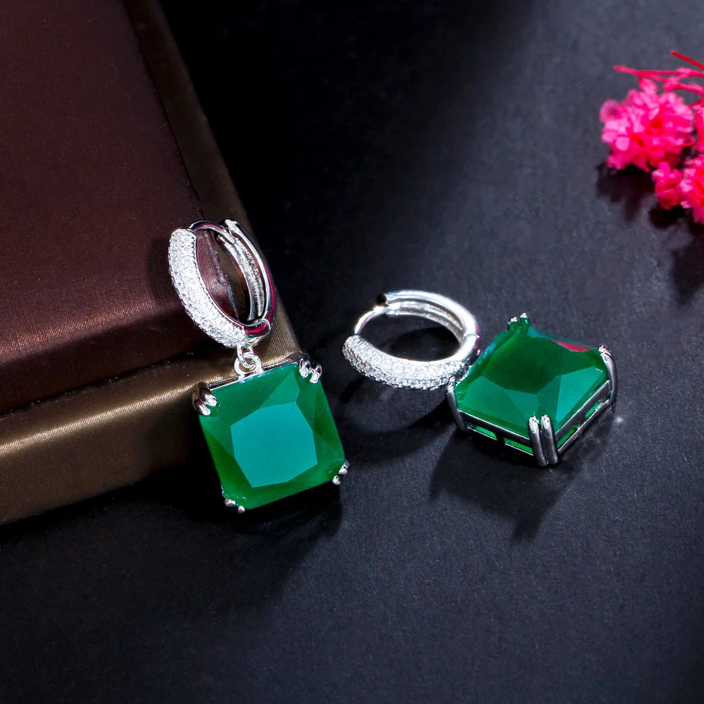 BeaQueen Fashion Square Drop Earrings White Micro Pave Cubic Zirconia Green CZ Crystal Stone Jewelry for Women Daily Party E502