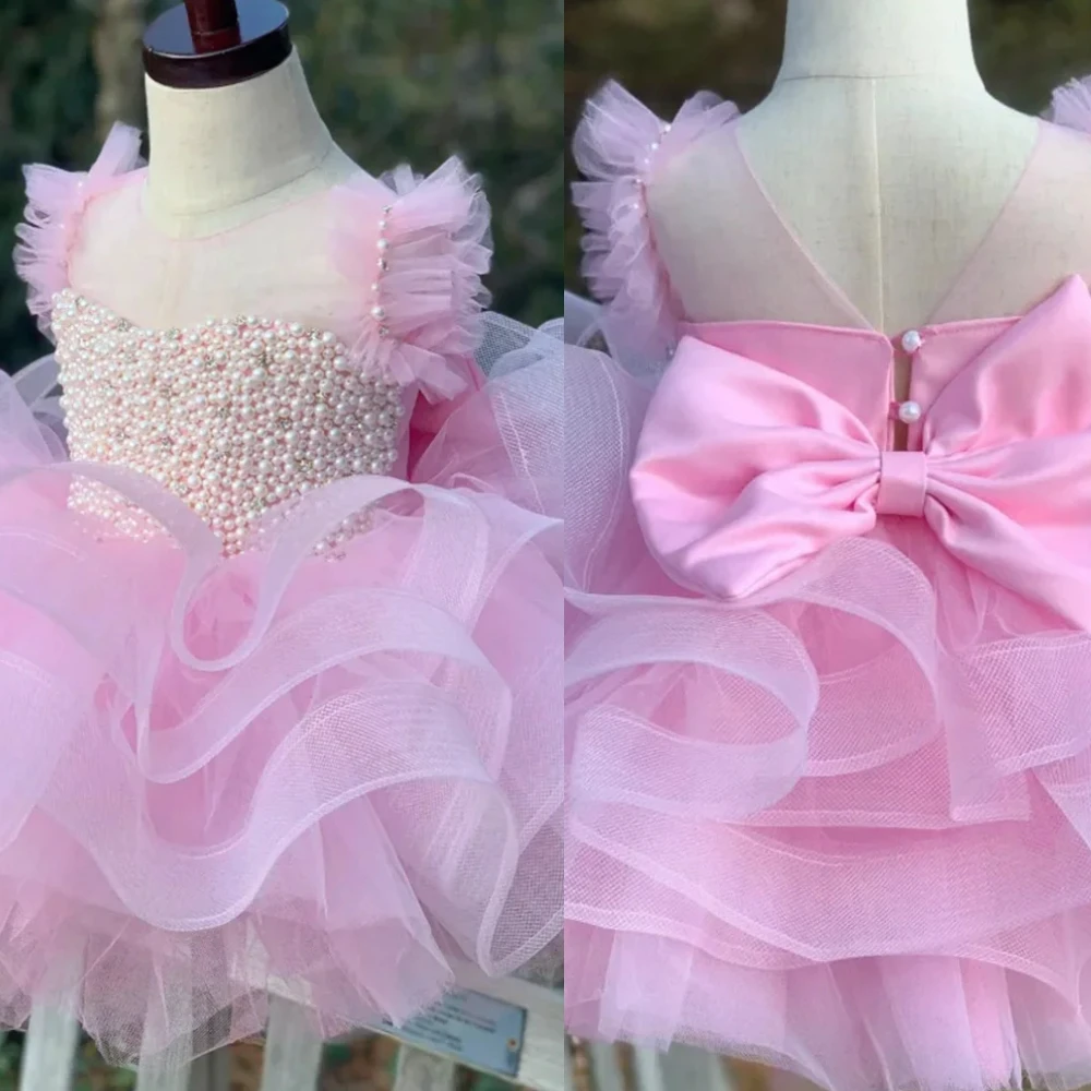 

Lovely Little Baby Flower Girl Dress Pink Tulle Puffy Pearl Bow Sleeveless for Wedding Dresses Kids Birthday Gift Party Banquet