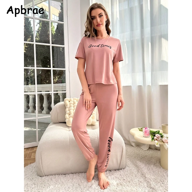 Spring Autumn Women Pijamas Letter Print Pajamas T-shirt Long Pants Sleepwear Soft Sport Style Pajama Sets Women Homewear