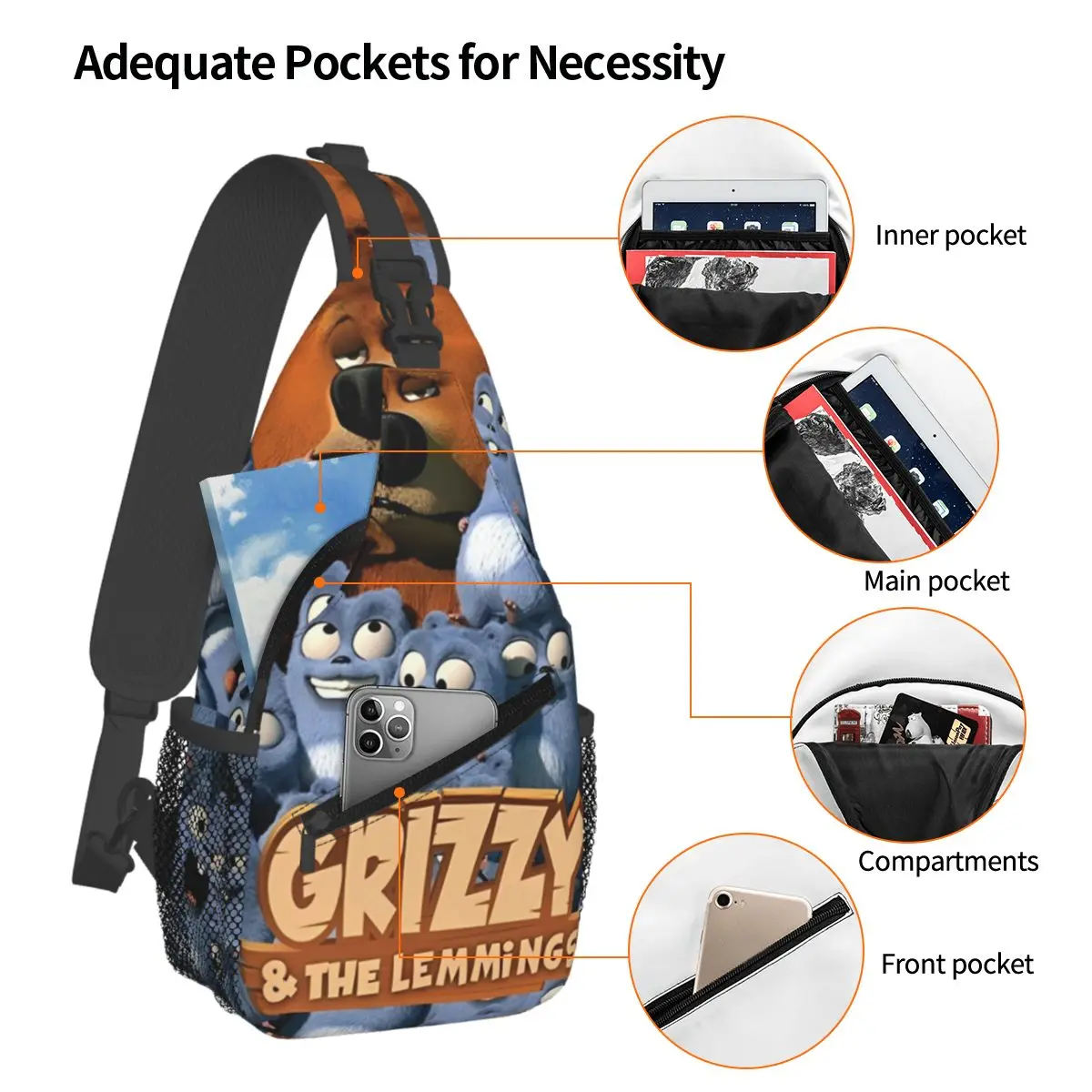 Grizzy Et Les Lemmings Crossbody Sling Bags Kleine borsttas Schouderrugzak Dagrugzak voor reizen Wandelen Reisboekentas