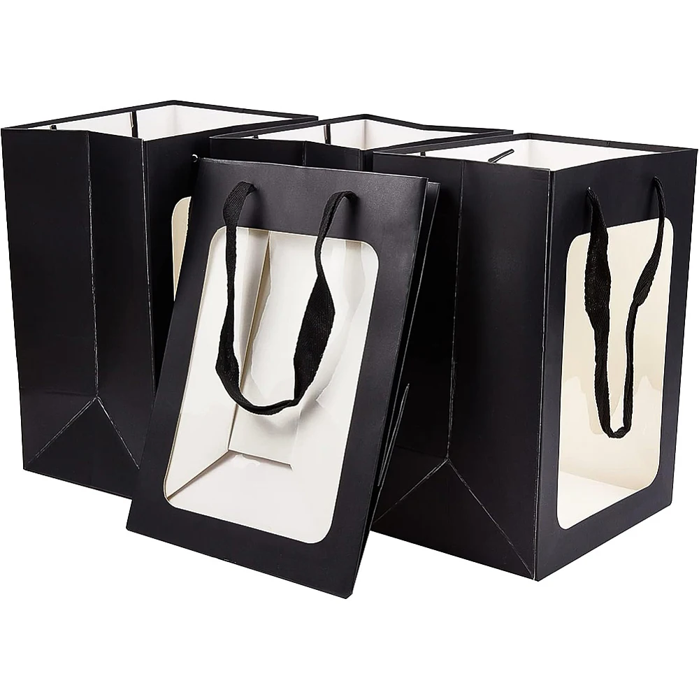 10 Packs Black Kraft Paper Bag with Clear Window 10x7x5 Gift Bags with Handle for Valentine's Day Proposal Gift Packing
