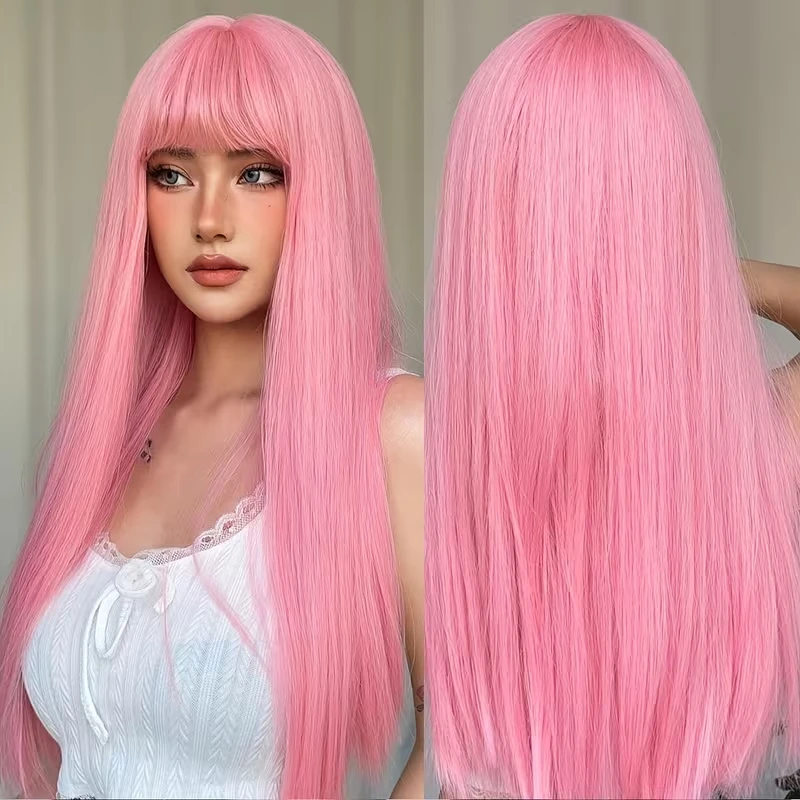 Pink long straight hair synthetic wig for Halloween cosplay, role-playing at daily parties, high-temperature hair accessory
