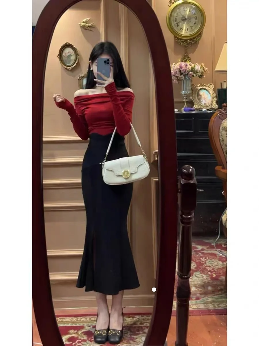 Conjunto de Dos Piezas de Falda Larga y Top de Un Hombro con Cintura Ajustada para Mujer, Estilo Informal para Invierno