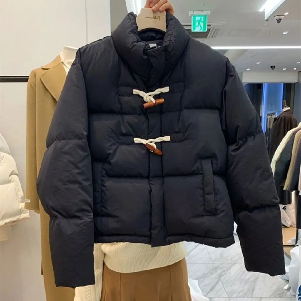 

Korean Pure Color Winter Outfits for Women Loose Fit Horn Button Cotton Jacket High-End Brown Short Outerwear for Small Stature