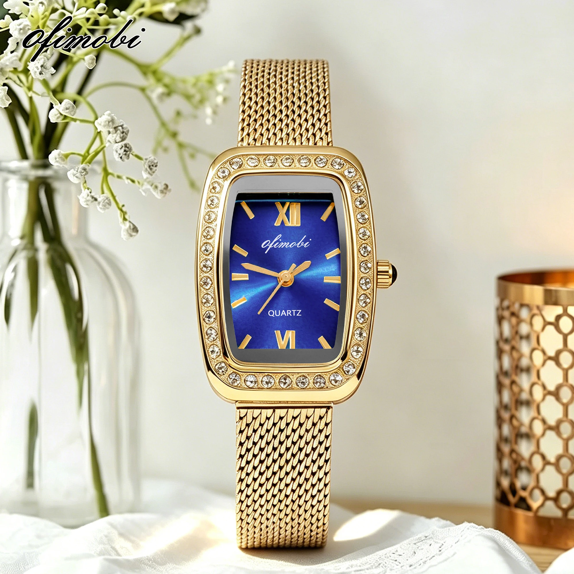 OFIMOBI Women Quartz Watch Rectangle Rhinestone Bezel Stainless Steel Mesh Strap Small Dial Fashion Bracelet Watch
