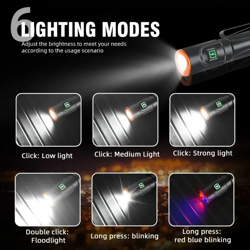 مصباح يدوي LED صغير محمول USB قابل لإعادة الشحن مع مشبك مصباح جيب مغناطيسي للتخييم والمشي لمسافات طويلة في حالات الطوارئ