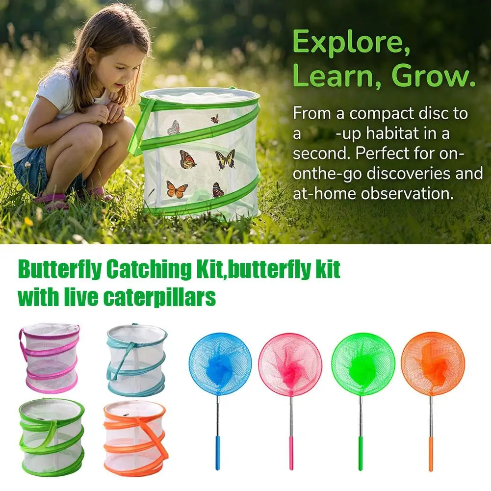 Telescopic Butterfly Insect Net Foldable Bug Catching Net with Zipper Cover Insect Cage Bucket Outdoor Nature Exploration Toy