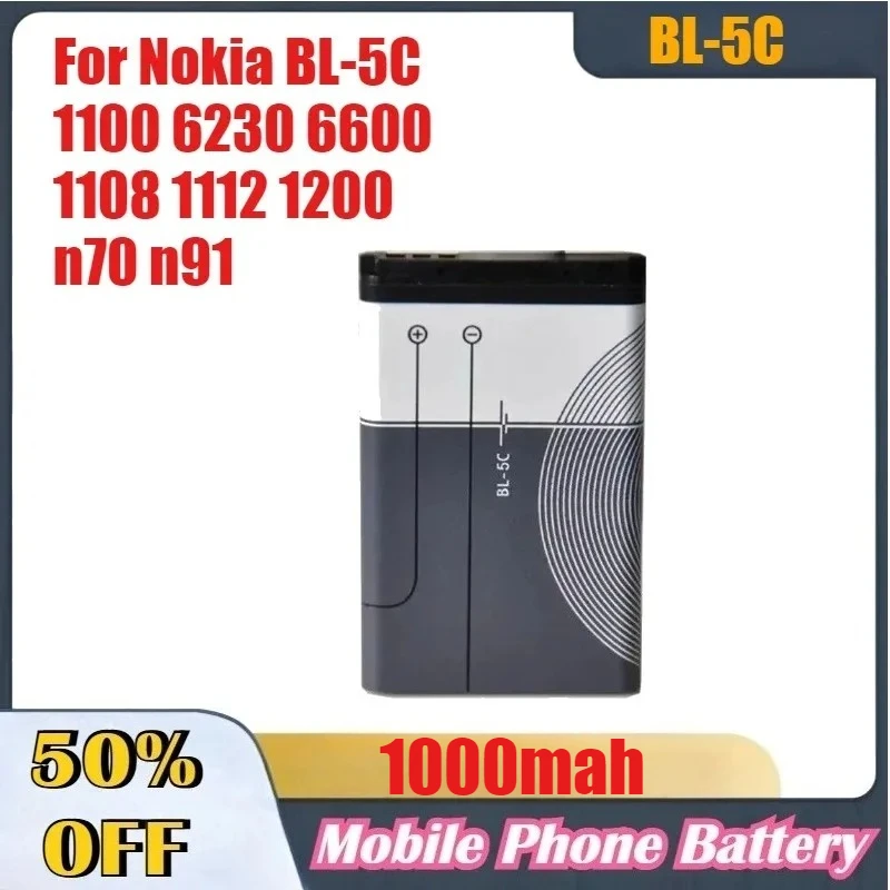 

BL-5C 1000mAh Mobile Phone Battery for Nokia BL-5C 1100 6230 6600 1108 1112 1200 N70 N91 Replacement Battery