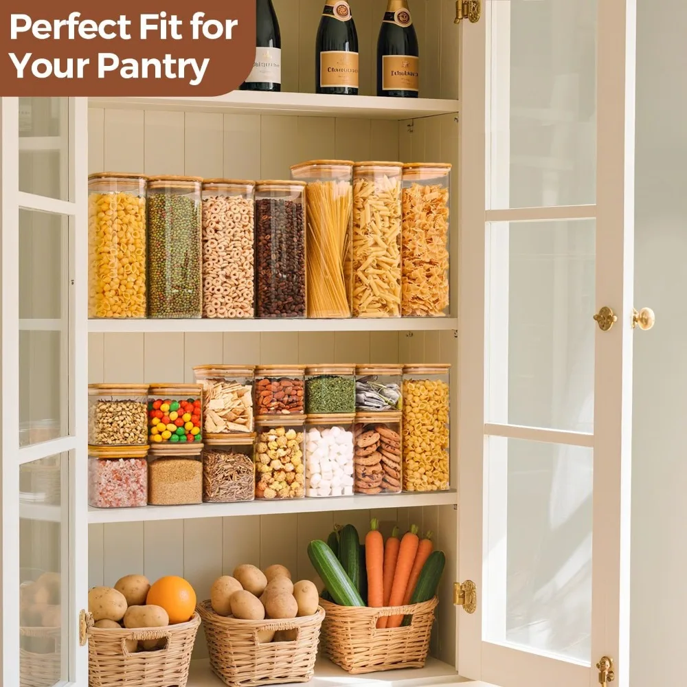 Square Glass Pantry Containers Set of 6 - 0.7/1.2/1.6Qt, Airtight Bamboo Lids, Borosilicate Glass Jars for Kitchen Storage view 6