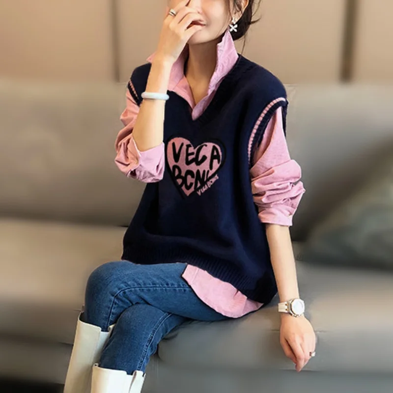 2PCS Spring Pink Harajuku Knitted Vest Hearts Sweater Vest And Women Pullovers Pink Long Sleeve Shirts Casual Clothing Set NZ203